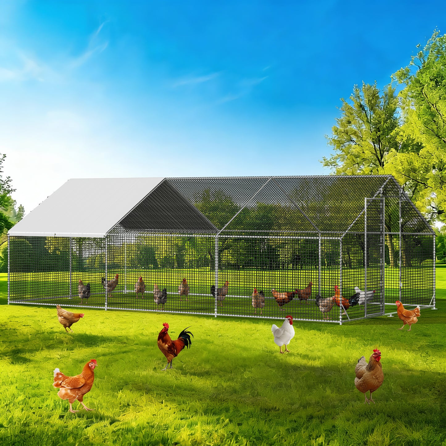 LAFWELL Petony Chicken Coop Outdoor Walk-in Poultry Cage Large Metal Pen Hen Run House Spire Shaped Cage with Waterproof Anti-Ultraviolet Cover,for Backyard Farm Rabbits Duck