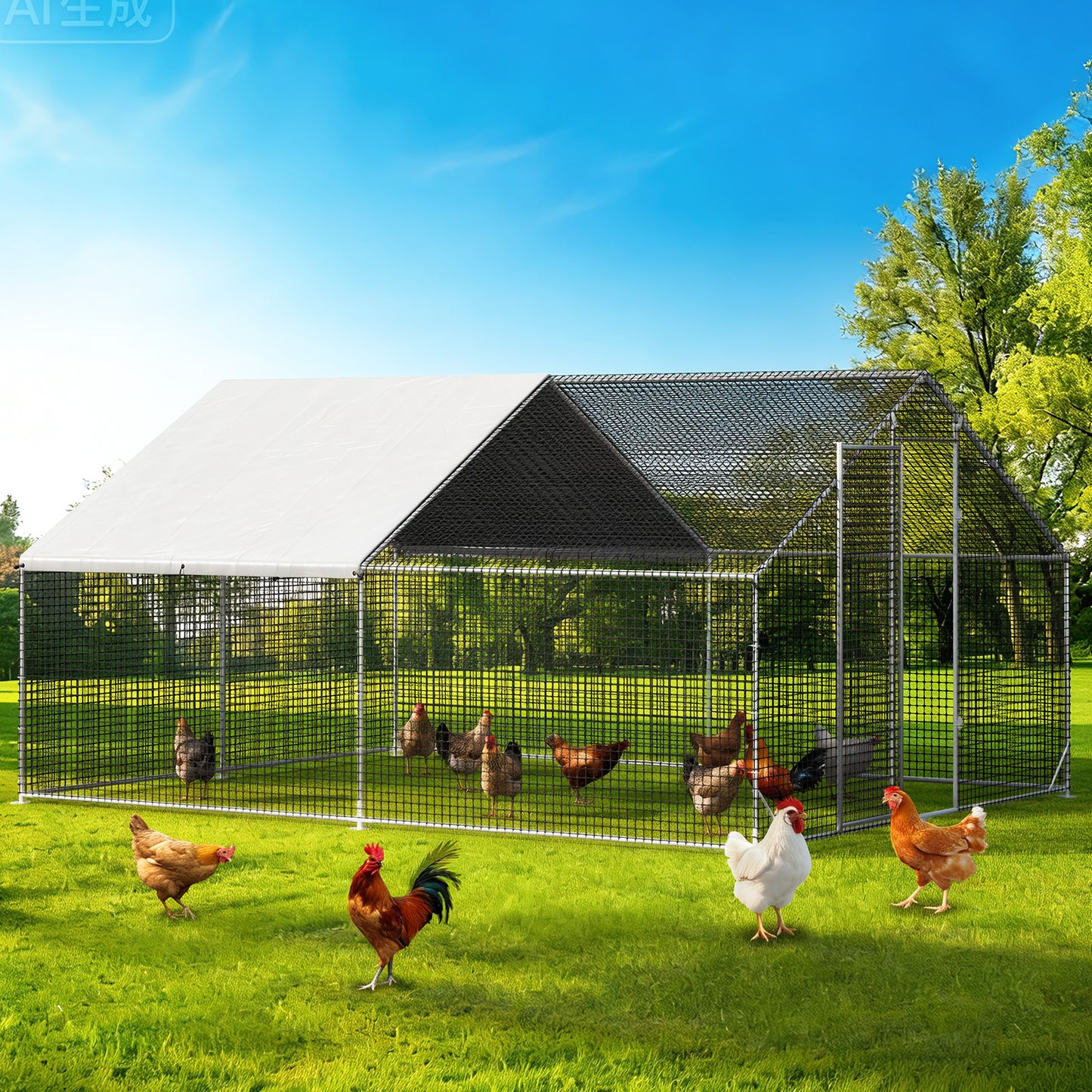 LAFWELL Petony Chicken Coop Outdoor Walk-in Poultry Cage Large Metal Pen Hen Run House Spire Shaped Cage with Waterproof Anti-Ultraviolet Cover,for Backyard Farm Rabbits Duck