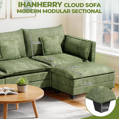 LAFWELL-12.5" L-Shape Modular Sofa with 1 Ottomans, Deep Seat Cloud Convertible Sleeper, 3 Throw 2 Arm Pillows, Comfortable Upholstered Furniture for Living Room Apartment
