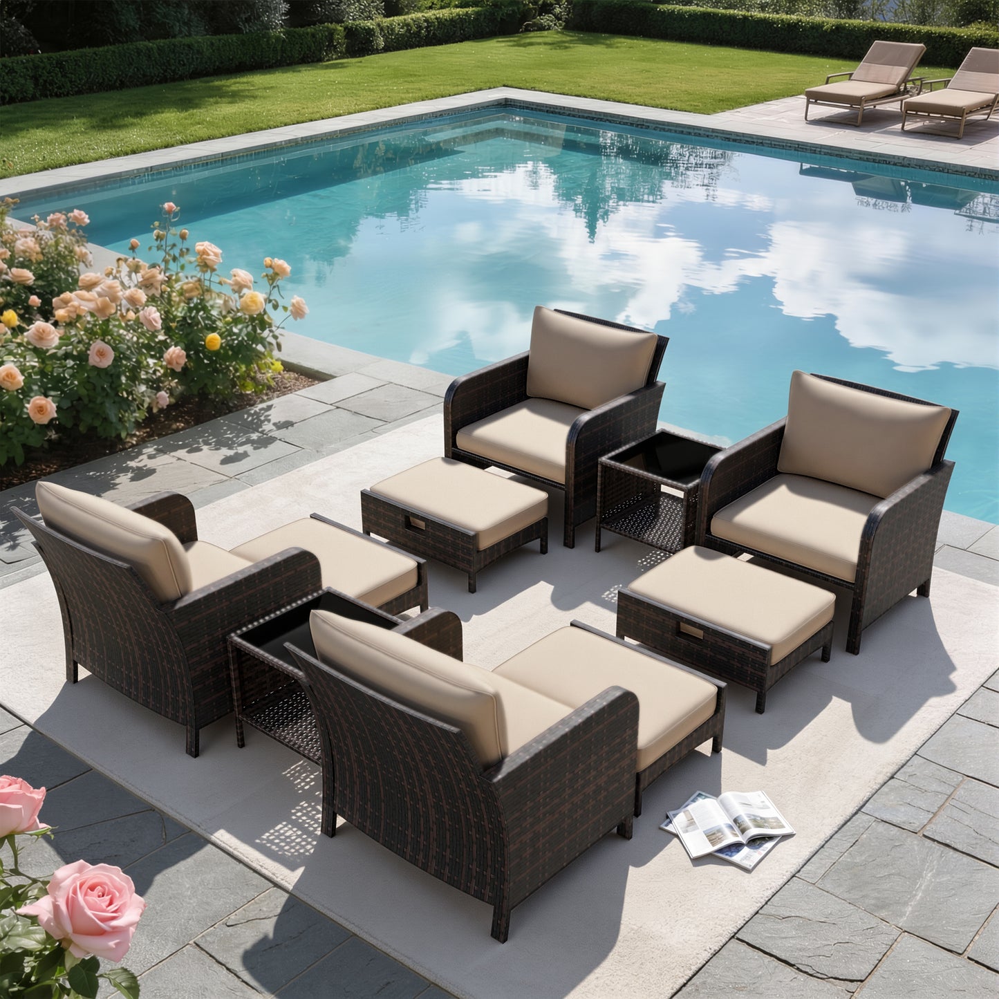 LAFWELL 5 Piece Patio Conversation Set with Wicker Rattan Outdoor Lounge Chairs, Soft Cushions, Ottoman, Glass Table