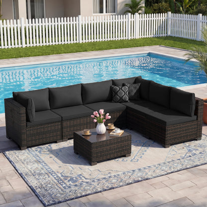 LAFWELL Outdoor Patio Furniture Sets: 7-Piece  Rattan Conversation Sectional Set with Wicker Sofa &amp; Tea Table