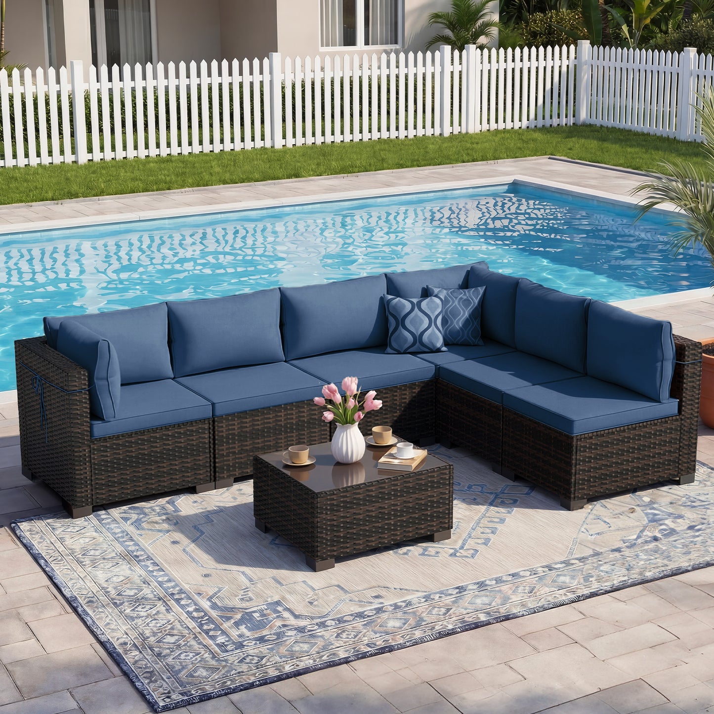LAFWELL Outdoor Patio Furniture Sets: 7-Piece  Rattan Conversation Sectional Set with Wicker Sofa &amp; Tea Table