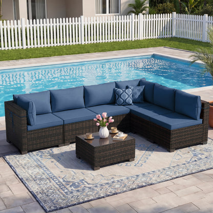 LAFWELL Outdoor Patio Furniture Sets: 7-Piece  Rattan Conversation Sectional Set with Wicker Sofa &amp; Tea Table
