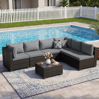 LAFWELL Outdoor Patio Furniture Sets: 7-Piece  Rattan Conversation Sectional Set with Wicker Sofa &amp; Tea Table