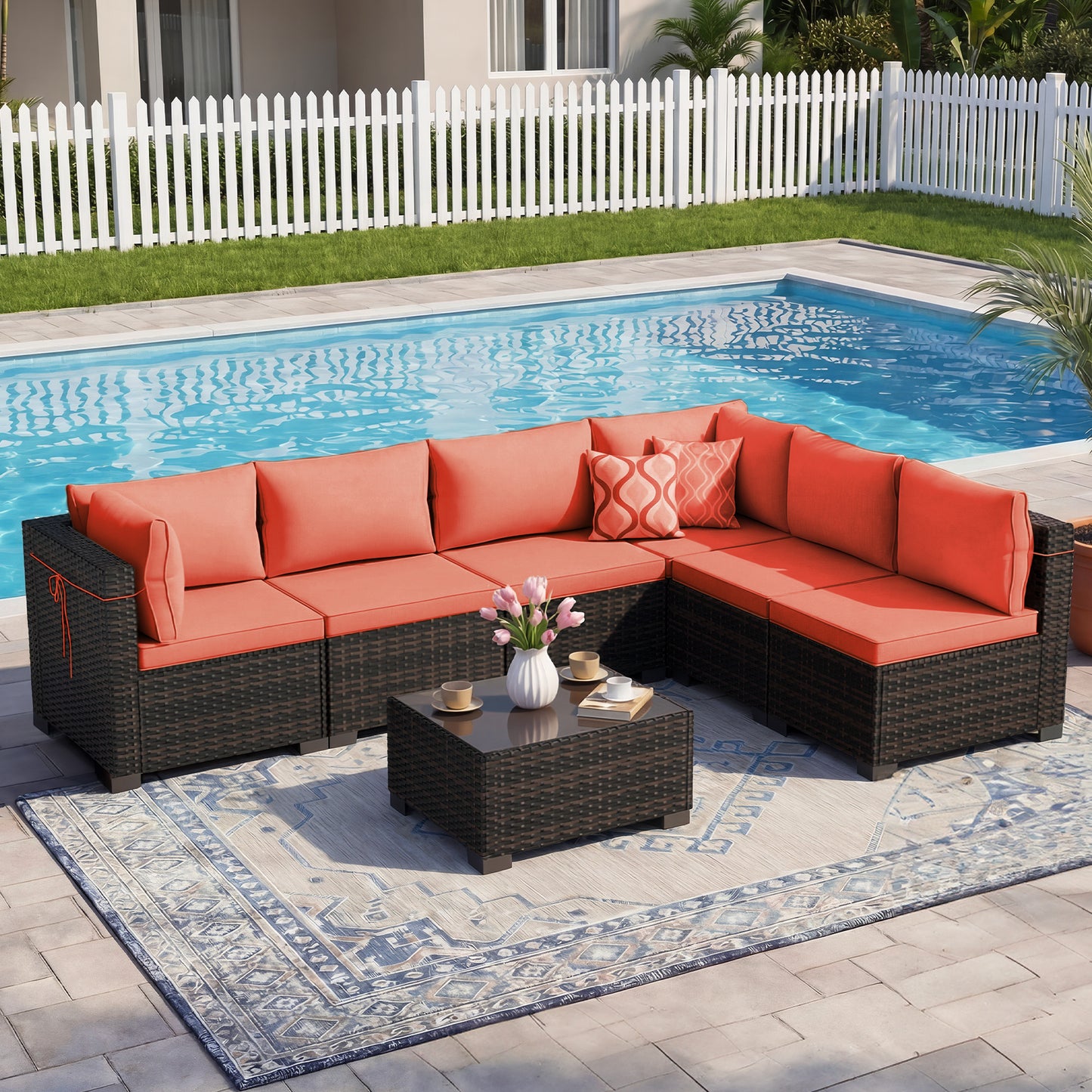 LAFWELL Outdoor Patio Furniture Sets: 7-Piece  Rattan Conversation Sectional Set with Wicker Sofa &amp; Tea Table