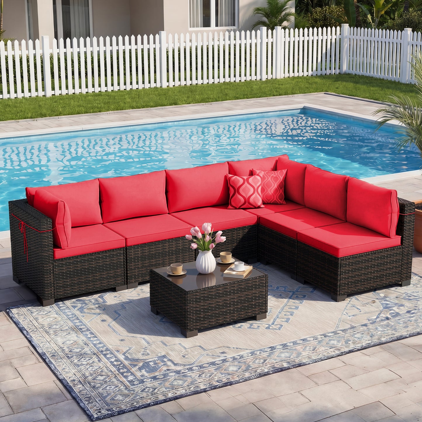 LAFWELL Outdoor Patio Furniture Sets: 7-Piece  Rattan Conversation Sectional Set with Wicker Sofa &amp; Tea Table