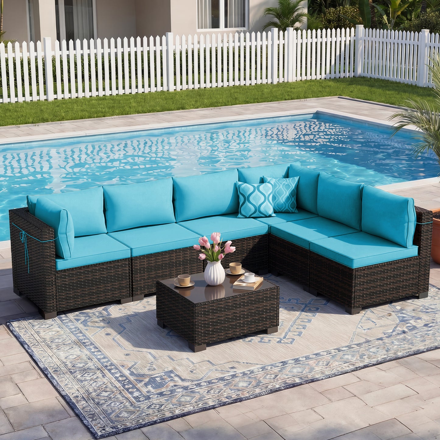 LAFWELL Outdoor Patio Furniture Sets: 7-Piece  Rattan Conversation Sectional Set with Wicker Sofa &amp; Tea Table