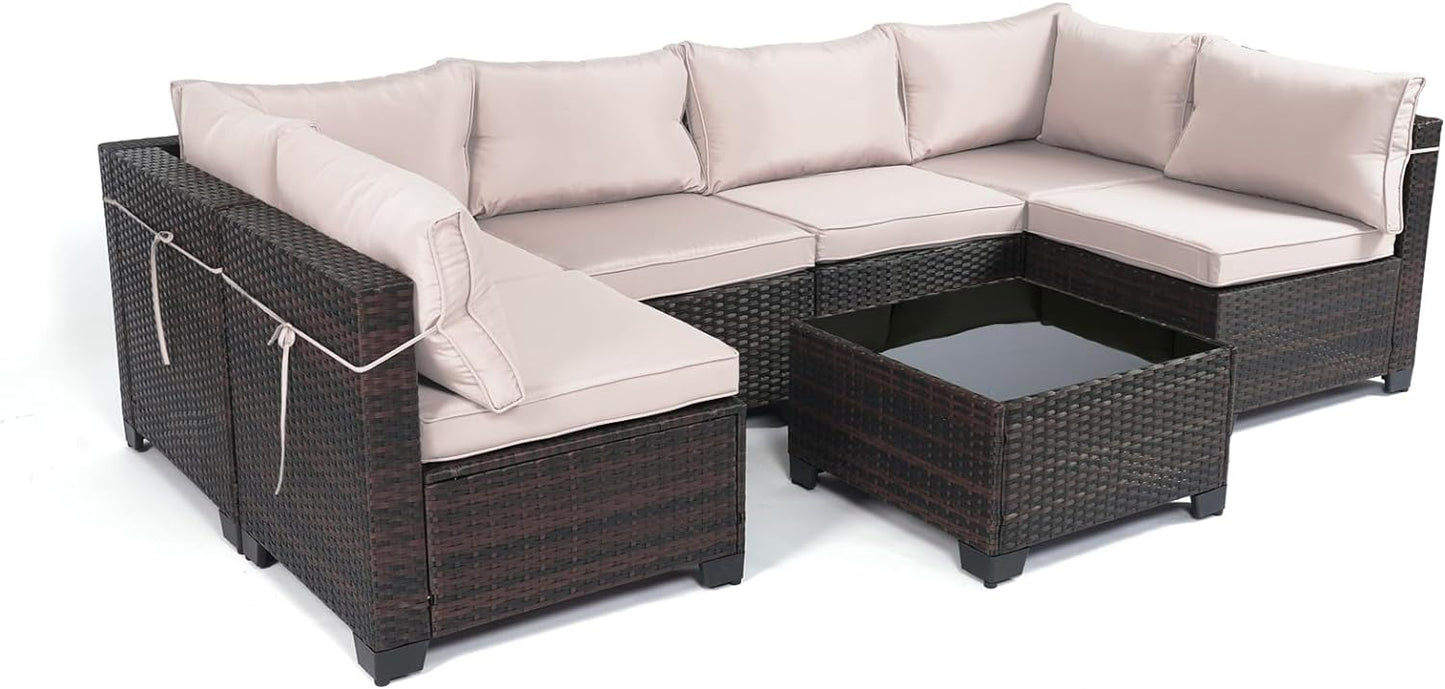 LAFWELL Outdoor Patio Furniture Sets: 7-Piece  Rattan Conversation Sectional Set with Wicker Sofa &amp; Tea Table