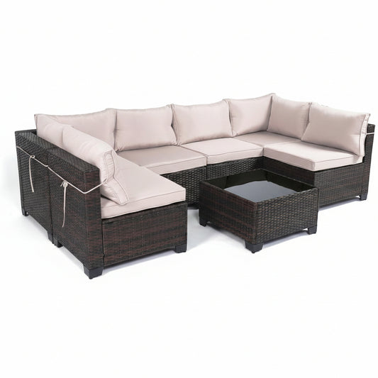 LAFWELL Outdoor Patio Furniture Sets: 7-Piece  Rattan Conversation Sectional Set with Wicker Sofa &amp; Tea Table