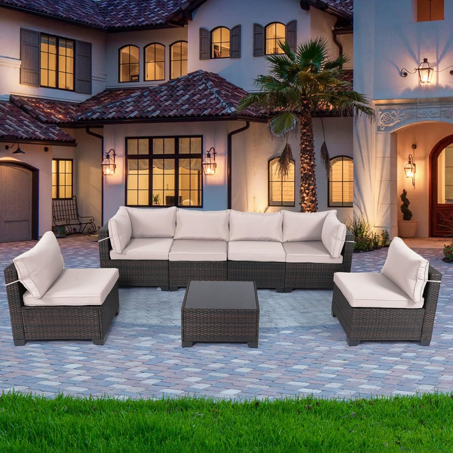 LAFWELL Outdoor Patio Furniture Sets: 7-Piece  Rattan Conversation Sectional Set with Wicker Sofa &amp; Tea Table