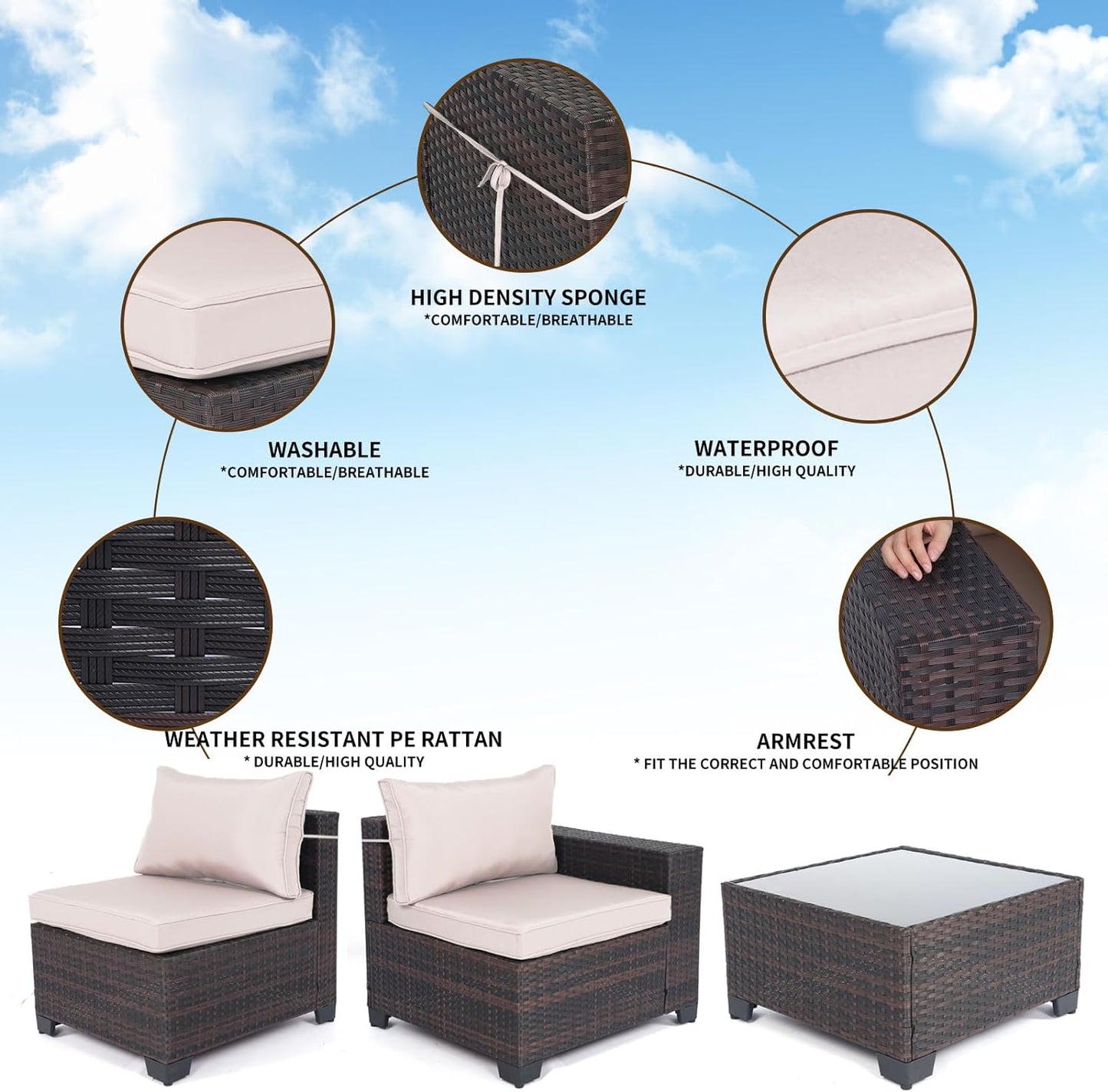 LAFWELL Outdoor Patio Furniture Sets: 7-Piece  Rattan Conversation Sectional Set with Wicker Sofa &amp; Tea Table