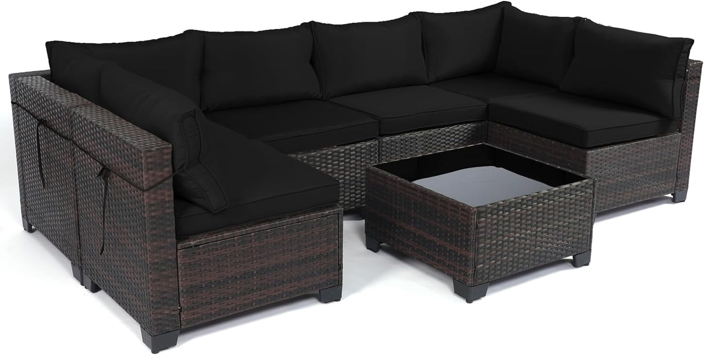 LAFWELL Outdoor Patio Furniture Sets: 7-Piece  Rattan Conversation Sectional Set with Wicker Sofa &amp; Tea Table