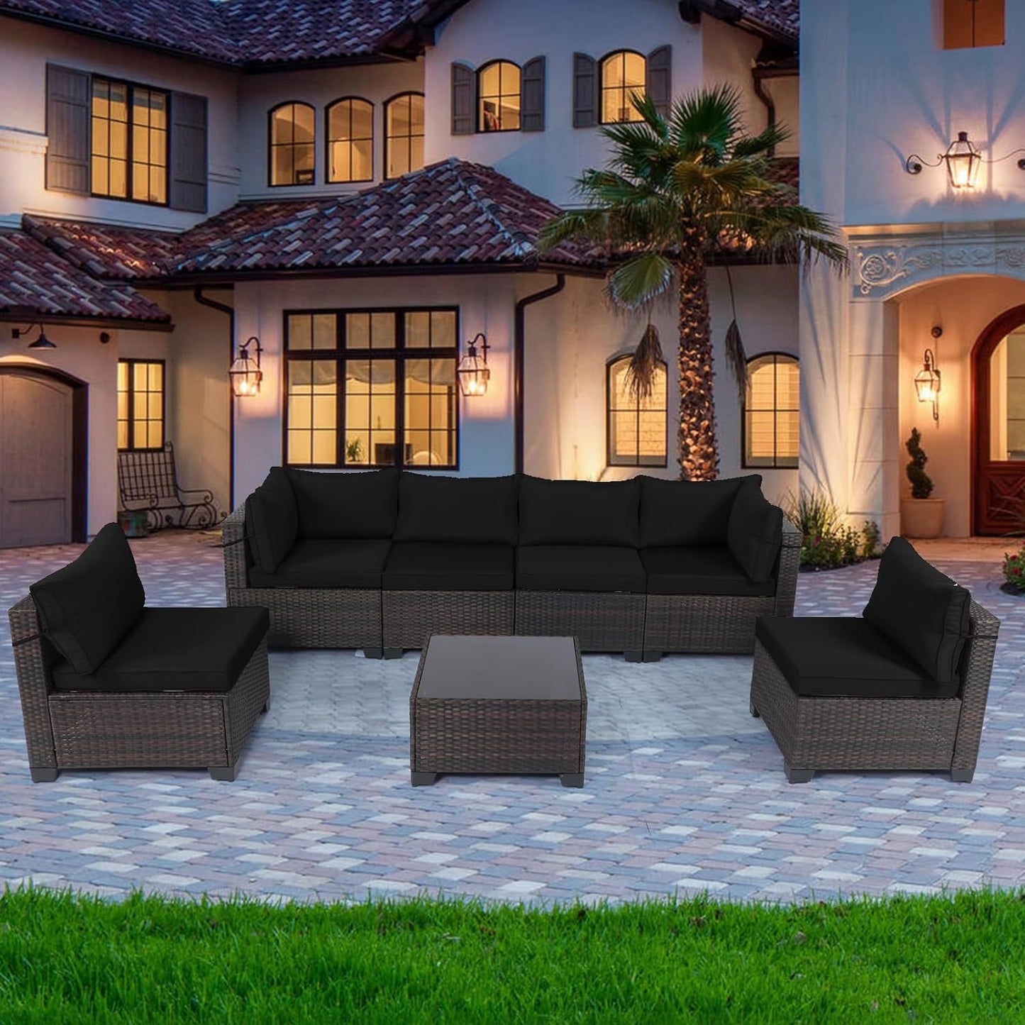 LAFWELL Outdoor Patio Furniture Sets: 7-Piece  Rattan Conversation Sectional Set with Wicker Sofa &amp; Tea Table