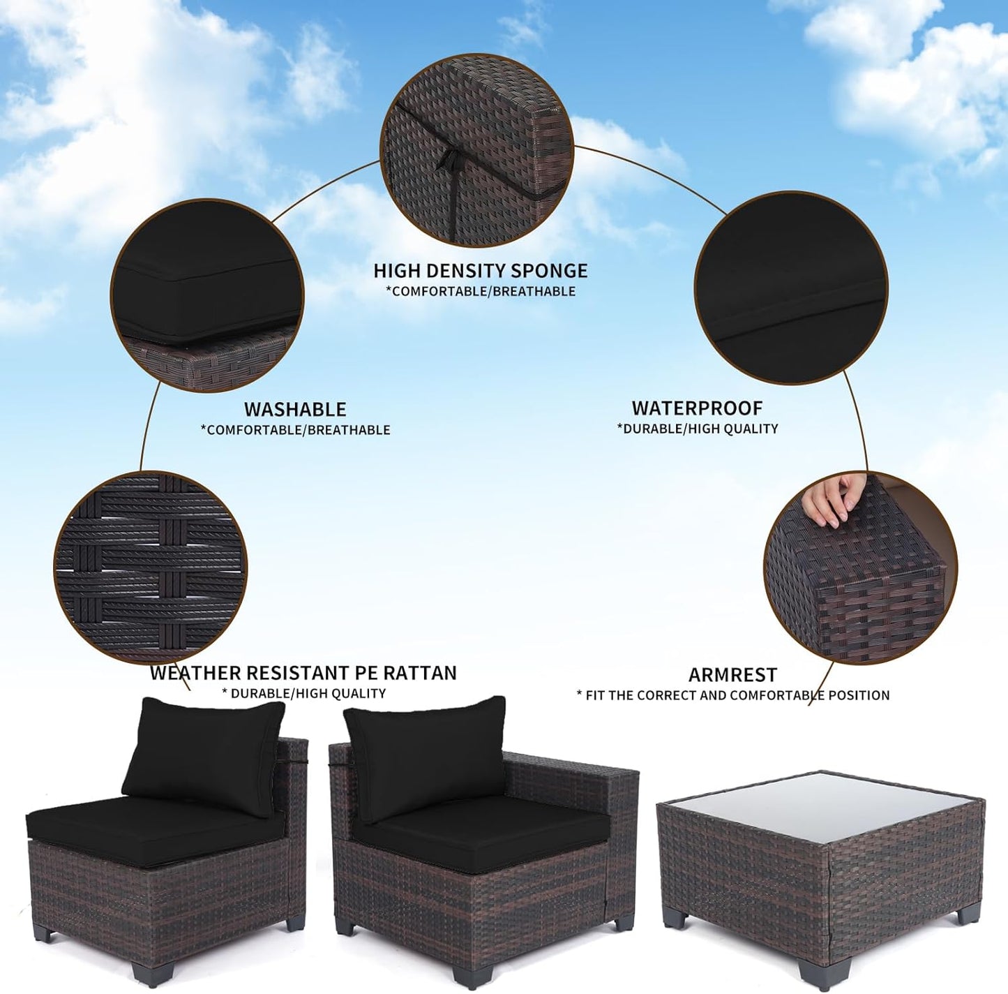 LAFWELL Outdoor Patio Furniture Sets: 7-Piece  Rattan Conversation Sectional Set with Wicker Sofa &amp; Tea Table