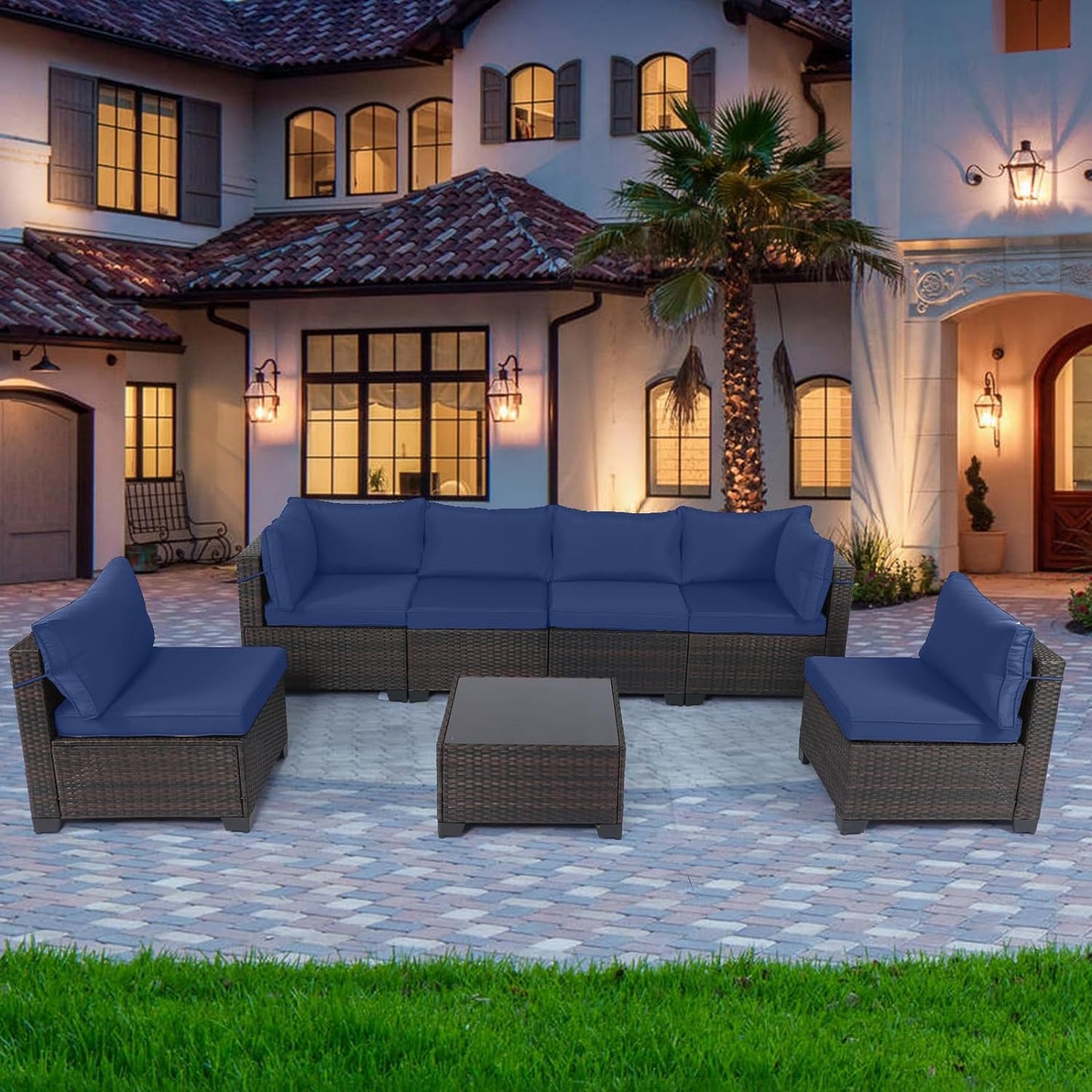 LAFWELL Outdoor Patio Furniture Sets: 7-Piece  Rattan Conversation Sectional Set with Wicker Sofa &amp; Tea Table