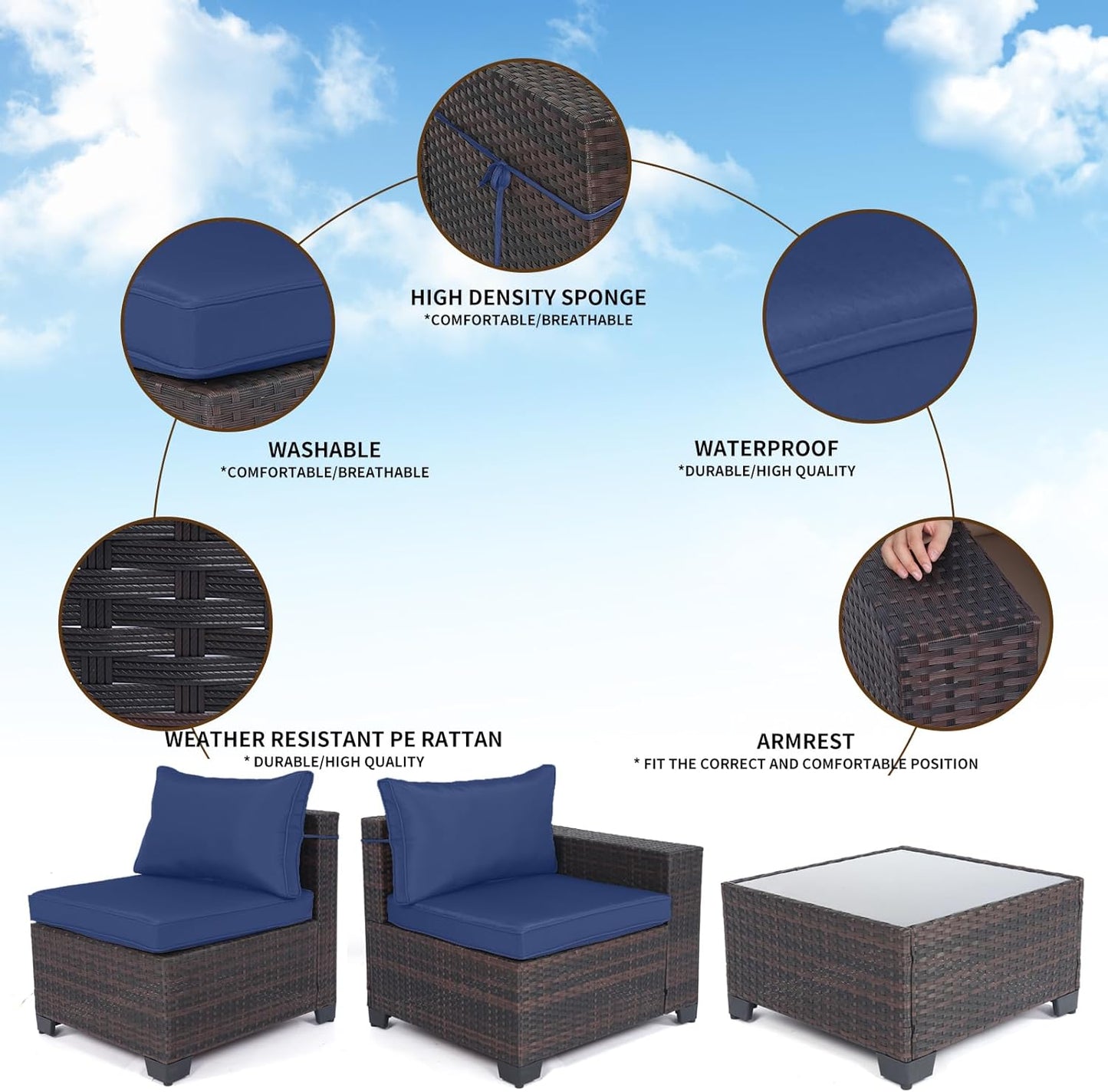 LAFWELL Outdoor Patio Furniture Sets: 7-Piece  Rattan Conversation Sectional Set with Wicker Sofa &amp; Tea Table