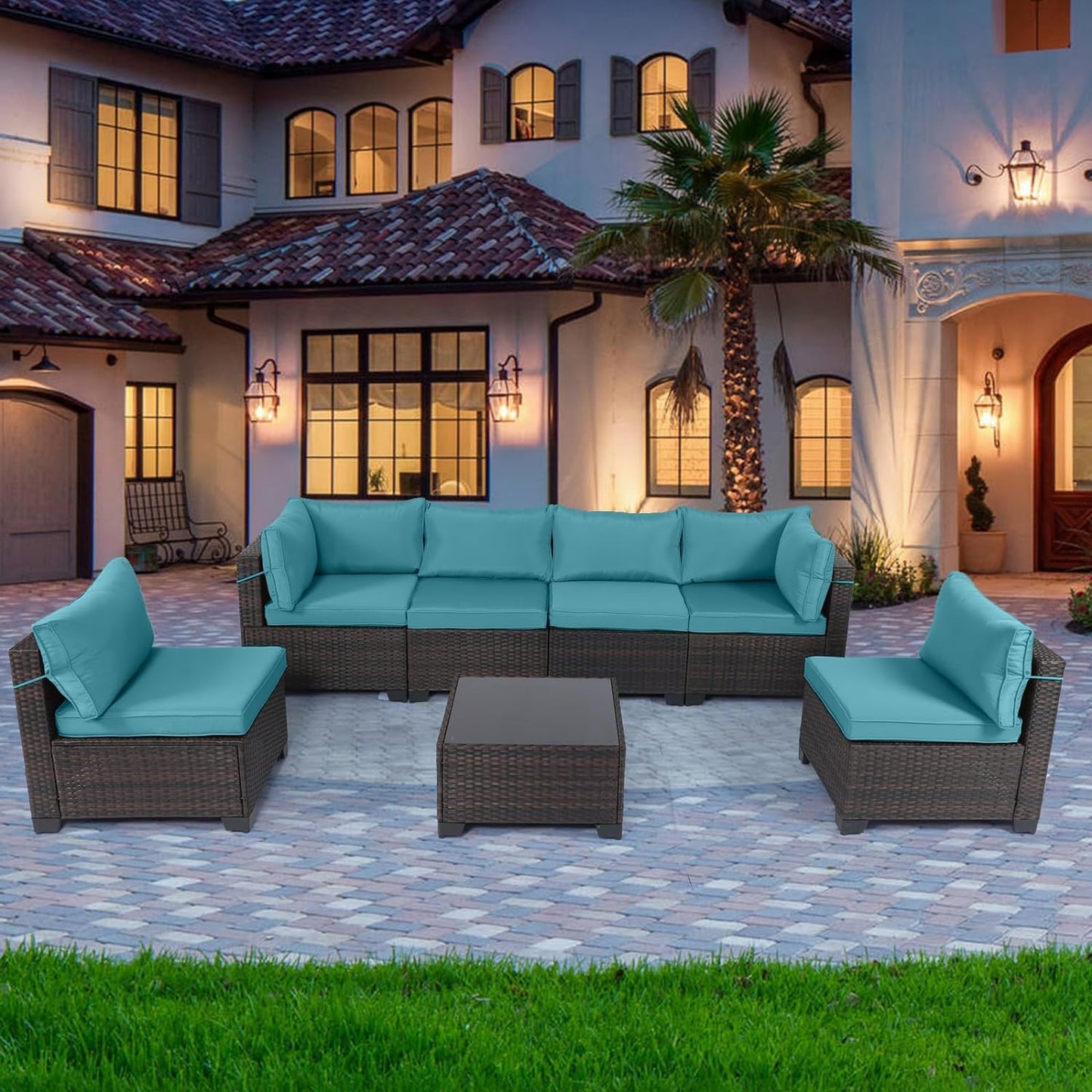 LAFWELL Outdoor Patio Furniture Sets: 7-Piece  Rattan Conversation Sectional Set with Wicker Sofa &amp; Tea Table