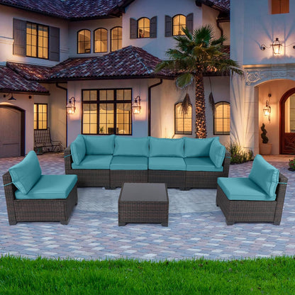 LAFWELL Outdoor Patio Furniture Sets: 7-Piece  Rattan Conversation Sectional Set with Wicker Sofa &amp; Tea Table
