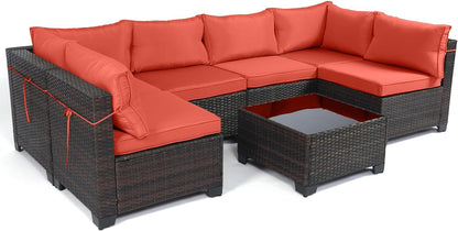 LAFWELL Outdoor Patio Furniture Sets: 7-Piece  Rattan Conversation Sectional Set with Wicker Sofa &amp; Tea Table