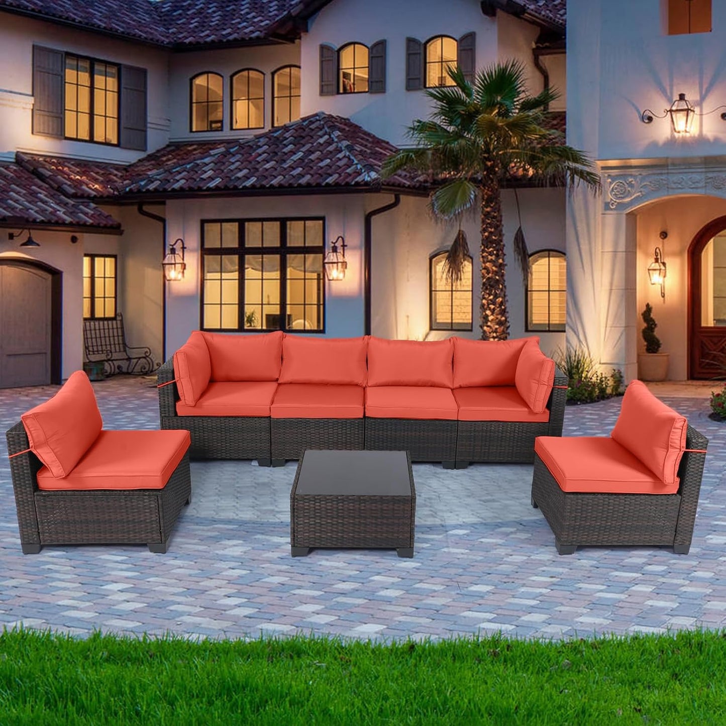 LAFWELL Outdoor Patio Furniture Sets: 7-Piece  Rattan Conversation Sectional Set with Wicker Sofa &amp; Tea Table