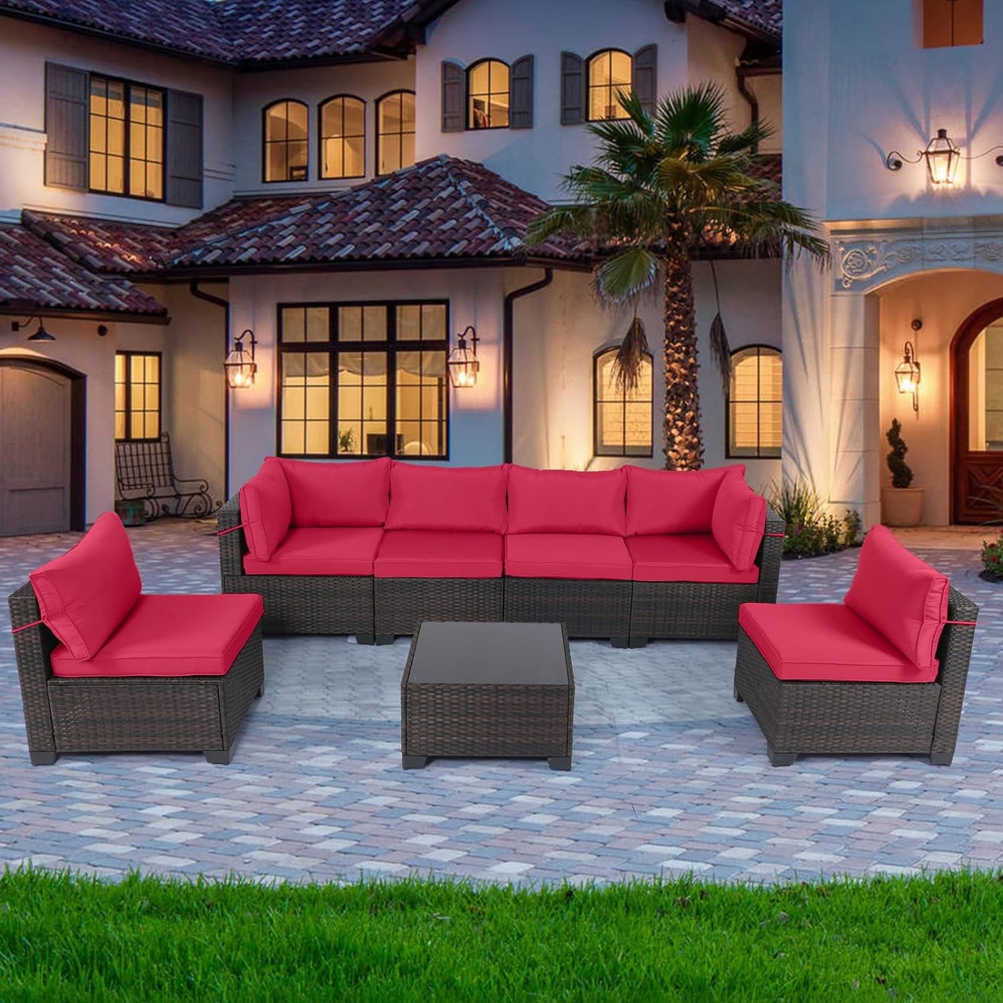 LAFWELL Outdoor Patio Furniture Sets: 7-Piece  Rattan Conversation Sectional Set with Wicker Sofa &amp; Tea Table
