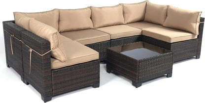 LAFWELL Outdoor Patio Furniture Sets: 7-Piece  Rattan Conversation Sectional Set with Wicker Sofa &amp; Tea Table