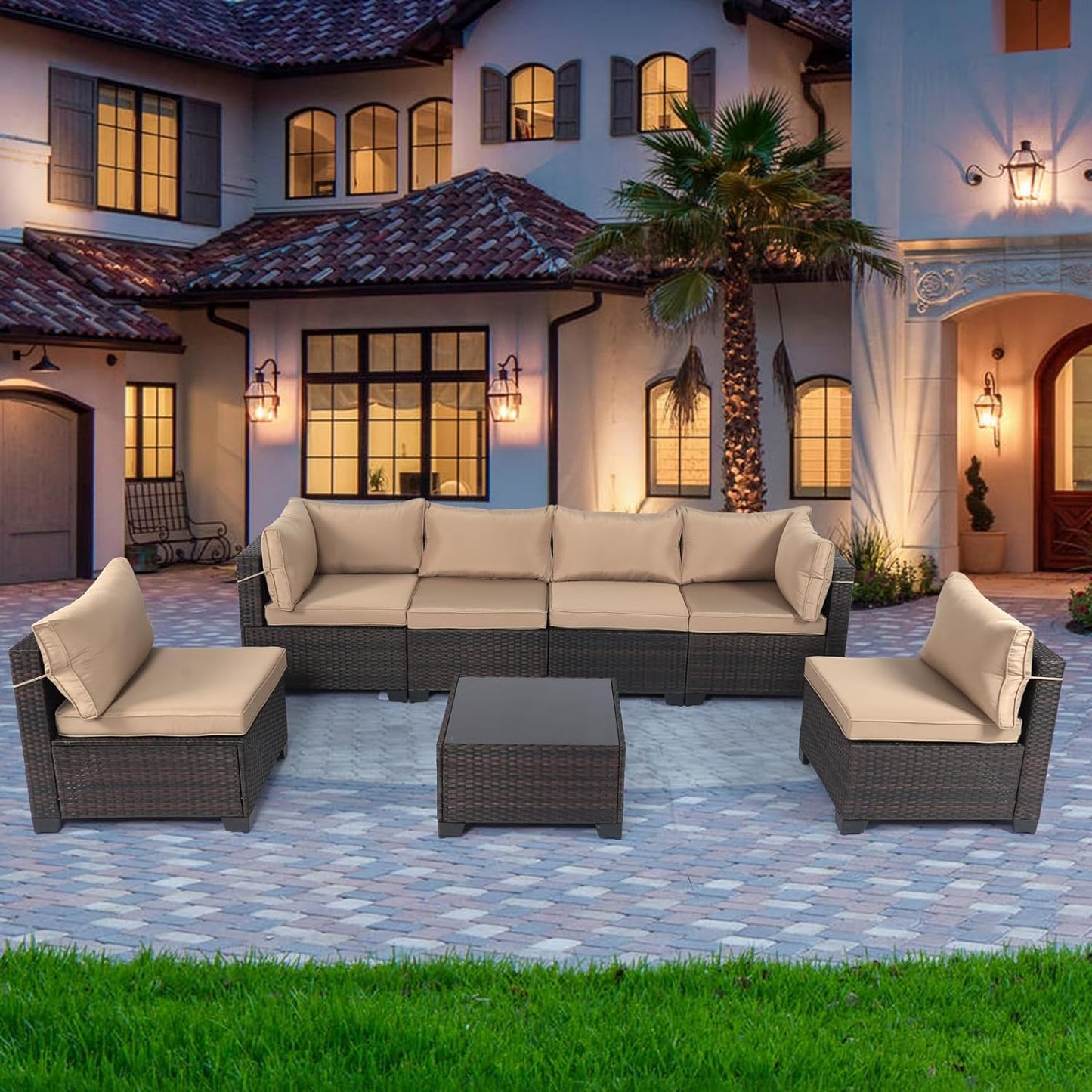 LAFWELL Outdoor Patio Furniture Sets: 7-Piece  Rattan Conversation Sectional Set with Wicker Sofa &amp; Tea Table