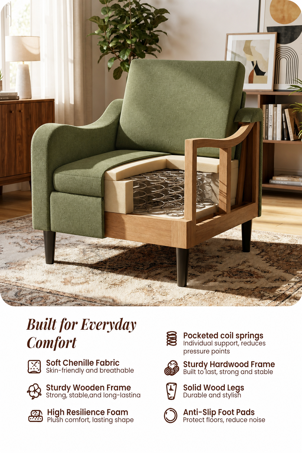 Accent Arm Chair – Navy Blue, Upholstered Scooped Comfy Reading Chair for Living Room, Bedroom, Apartment, Waiting Room