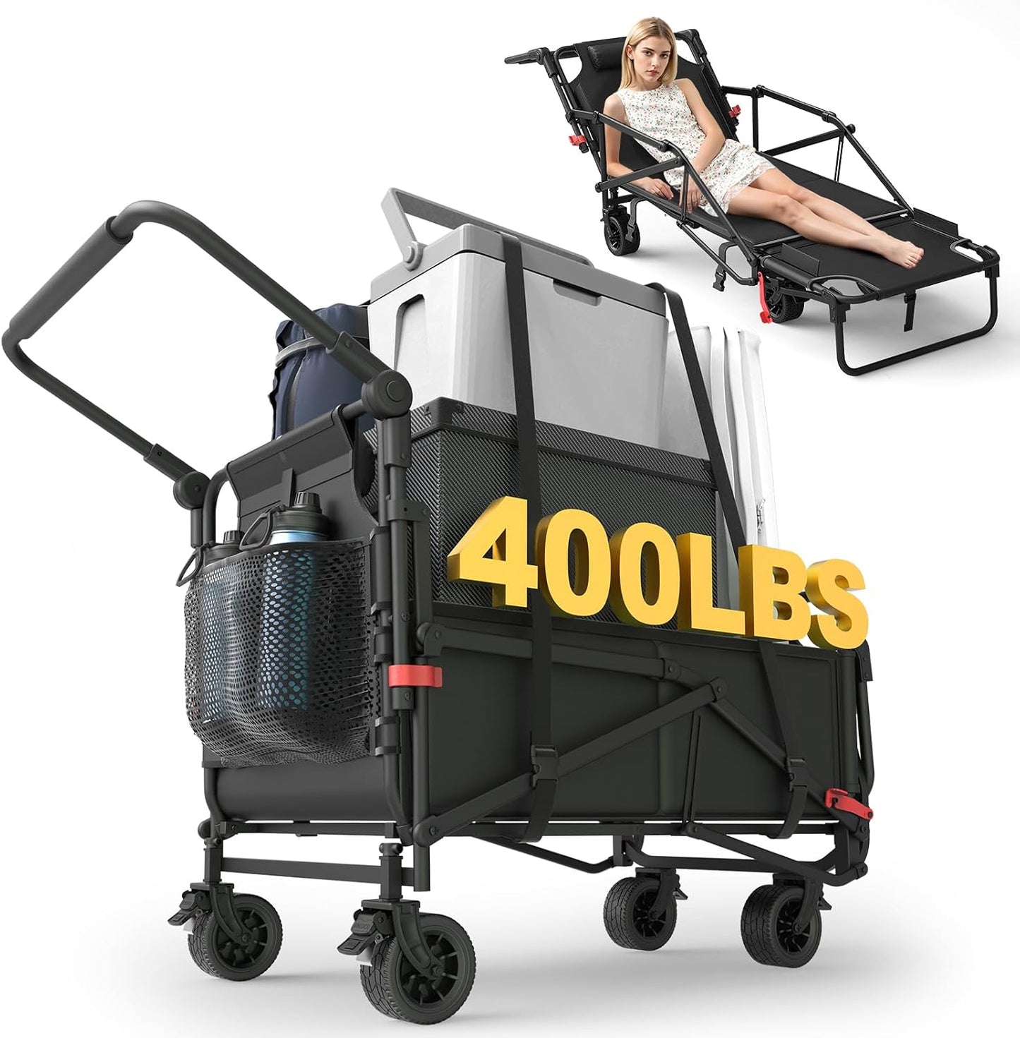 LAFWELL Heavy Duty Folding Wagon - 2-in-1 Collapsible Cart, 400lb/650lb Capacity, All-Terrain Wheels with Brakes &amp; Side Pockets