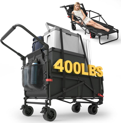 LAFWELL Heavy Duty Folding Wagon - 2-in-1 Collapsible Cart, 400lb/650lb Capacity, All-Terrain Wheels with Brakes &amp; Side Pockets