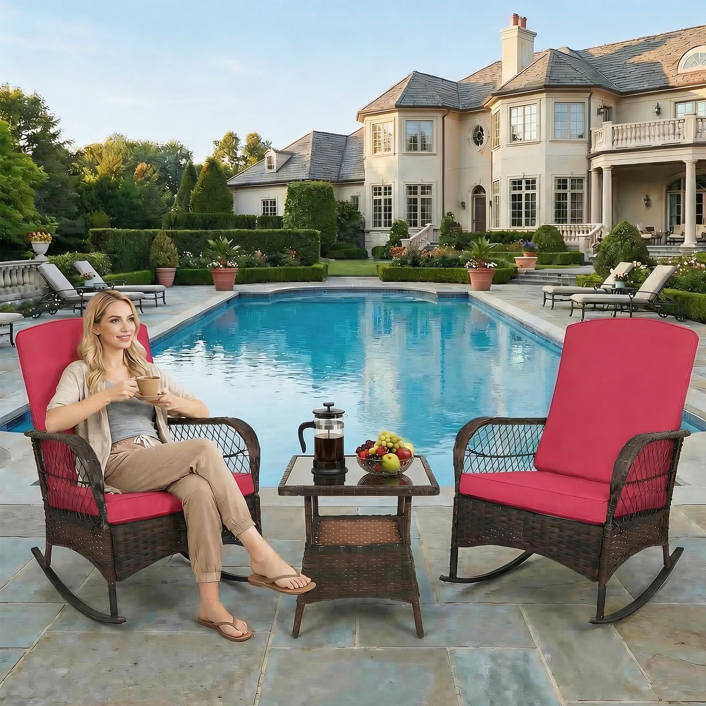 LAFWELL 3-Piece Outdoor Rocking Bistro Set, PE Rattan Wicker Patio Conversation Chairs with Thick Sand Cushions & Side Table for Front Porch, Balcony, & Morning Coffee