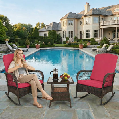 LAFWELL 3-Piece Outdoor Rocking Bistro Set, PE Rattan Wicker Patio Conversation Chairs with Thick Sand Cushions & Side Table for Front Porch, Balcony, & Morning Coffee