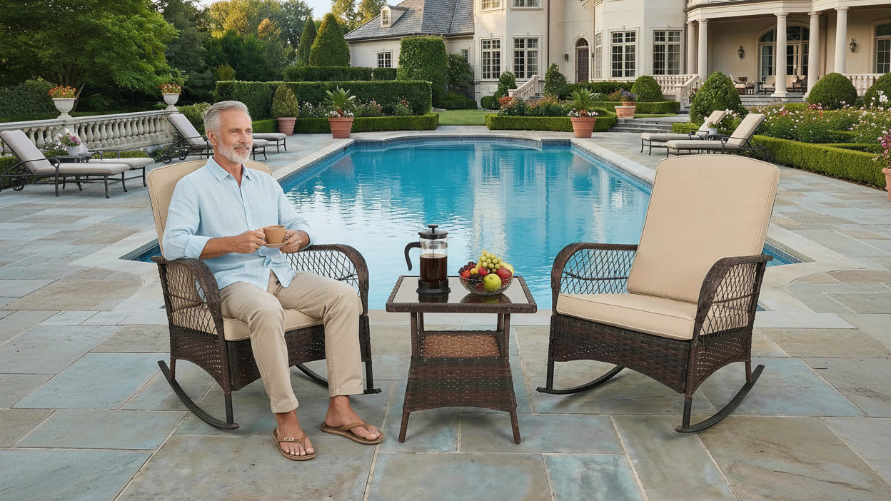 LAFWELL 3-Piece Outdoor Rocking Bistro Set, PE Rattan Wicker Patio Conversation Chairs with Thick Sand Cushions & Side Table for Front Porch, Balcony, & Morning Coffee