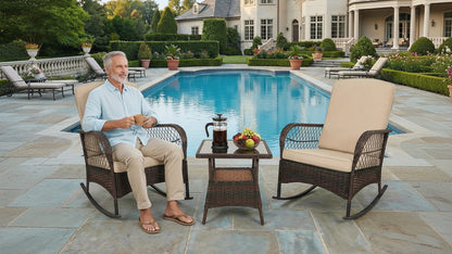 LAFWELL 3-Piece Outdoor Rocking Bistro Set, PE Rattan Wicker Patio Conversation Chairs with Thick Sand Cushions & Side Table for Front Porch, Balcony, & Morning Coffee
