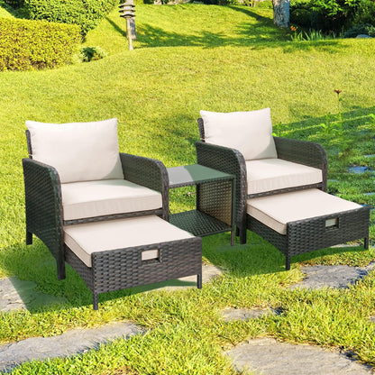 LAFWELL 5 Piece Patio Conversation Set with Wicker Rattan Outdoor Lounge Chairs, Soft Cushions, Ottoman, Glass Table
