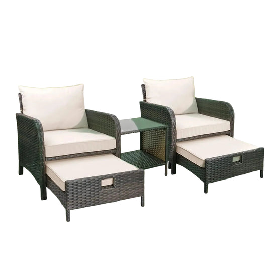 LAFWELL 5 Piece Patio Conversation Set with Wicker Rattan Outdoor Lounge Chairs, Soft Cushions, Ottoman, Glass Table