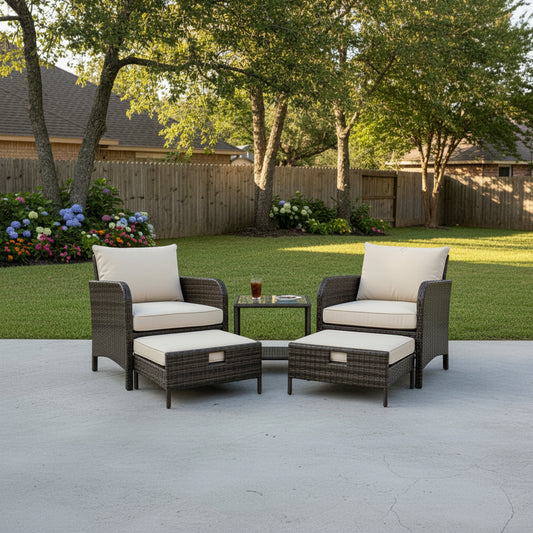 LAFWELL 5-Piece Versatile Outdoor Patio Furniture Set, Rattan Wicker Lounge Chairs with 2 Ottomans & Glass Table for Backyard Lounging & Patio Relaxation