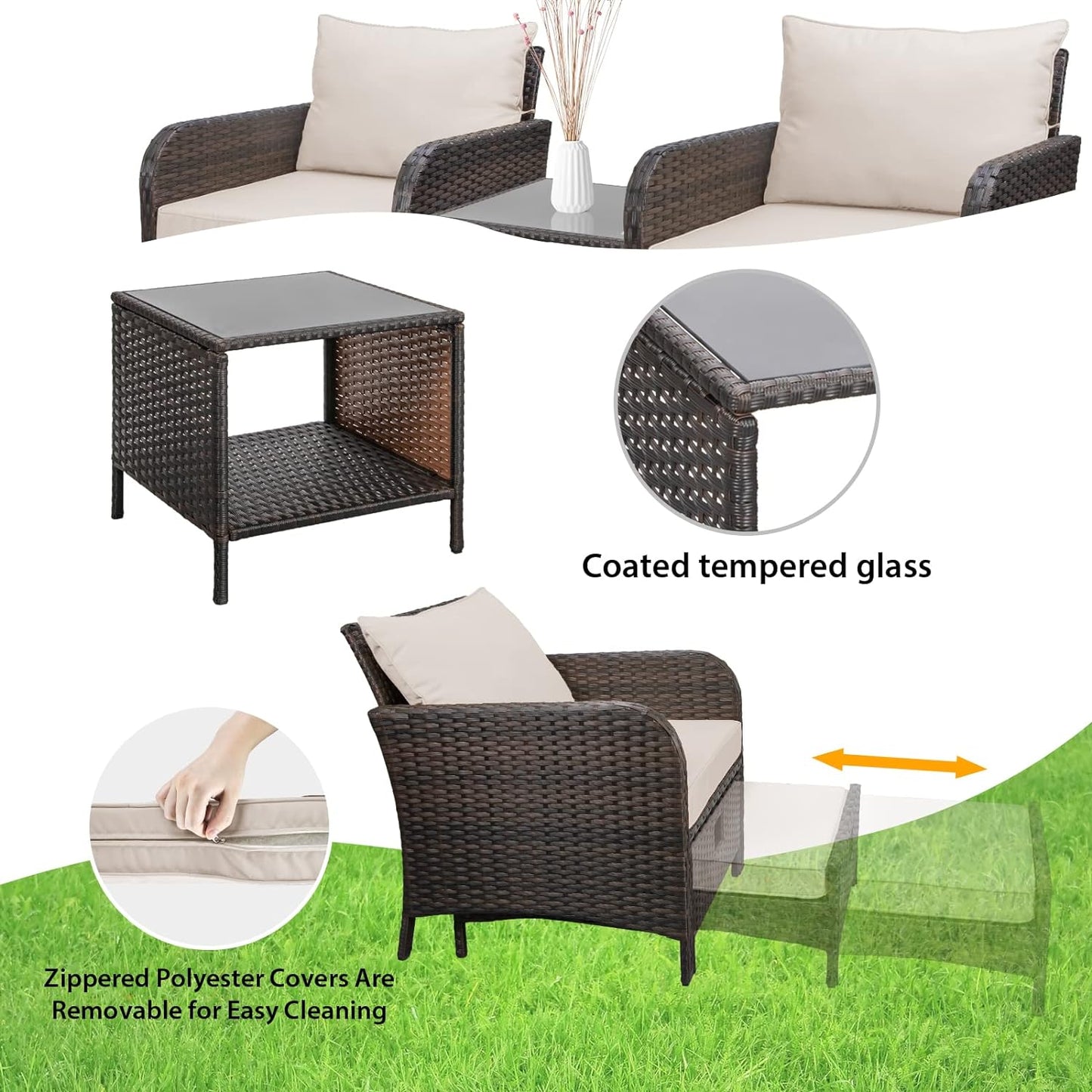 LAFWELL 5 Piece Patio Conversation Set with Wicker Rattan Outdoor Lounge Chairs, Soft Cushions, Ottoman, Glass Table
