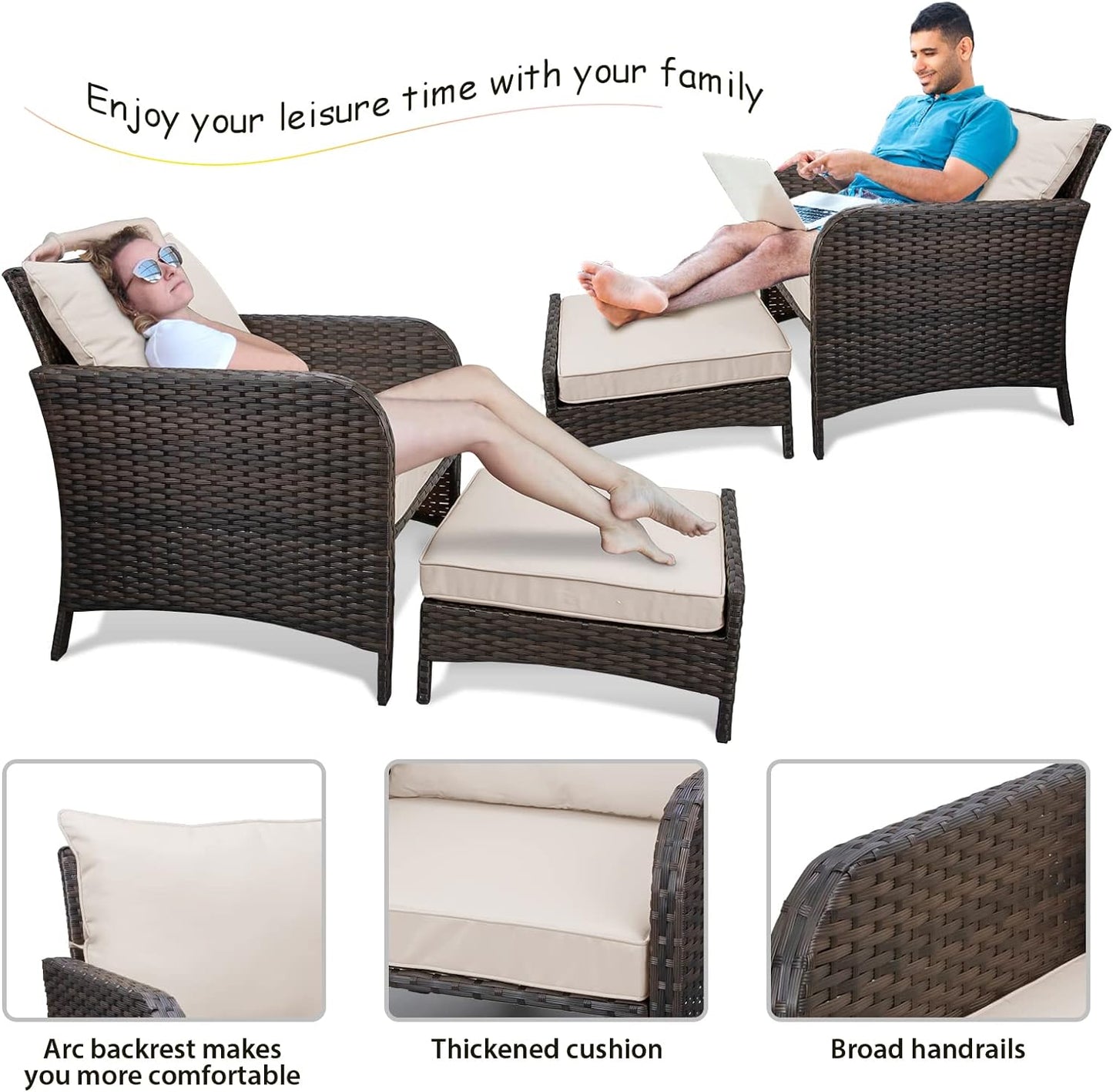 LAFWELL 5 Piece Patio Conversation Set with Wicker Rattan Outdoor Lounge Chairs, Soft Cushions, Ottoman, Glass Table