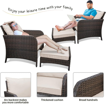 LAFWELL 5 Piece Patio Conversation Set with Wicker Rattan Outdoor Lounge Chairs, Soft Cushions, Ottoman, Glass Table