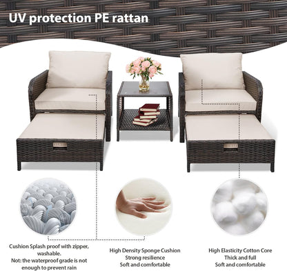 LAFWELL 5 Piece Patio Conversation Set with Wicker Rattan Outdoor Lounge Chairs, Soft Cushions, Ottoman, Glass Table