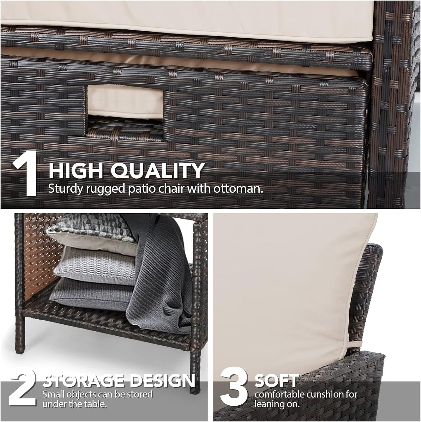 LAFWELL 5 Piece Patio Conversation Set with Wicker Rattan Outdoor Lounge Chairs, Soft Cushions, Ottoman, Glass Table