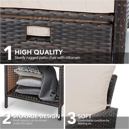 LAFWELL 5 Piece Patio Conversation Set with Wicker Rattan Outdoor Lounge Chairs, Soft Cushions, Ottoman, Glass Table