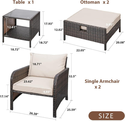 LAFWELL 5 Piece Patio Conversation Set with Wicker Rattan Outdoor Lounge Chairs, Soft Cushions, Ottoman, Glass Table