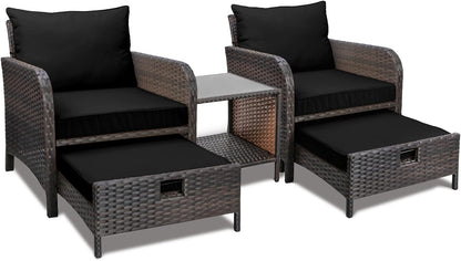 LAFWELL 5 Piece Patio Conversation Set with Wicker Rattan Outdoor Lounge Chairs, Soft Cushions, Ottoman, Glass Table