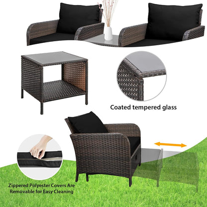 LAFWELL 5 Piece Patio Conversation Set with Wicker Rattan Outdoor Lounge Chairs, Soft Cushions, Ottoman, Glass Table