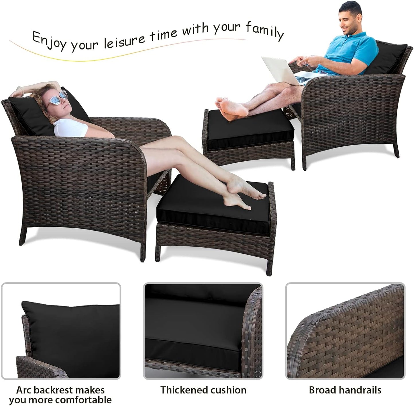 LAFWELL 5 Piece Patio Conversation Set with Wicker Rattan Outdoor Lounge Chairs, Soft Cushions, Ottoman, Glass Table