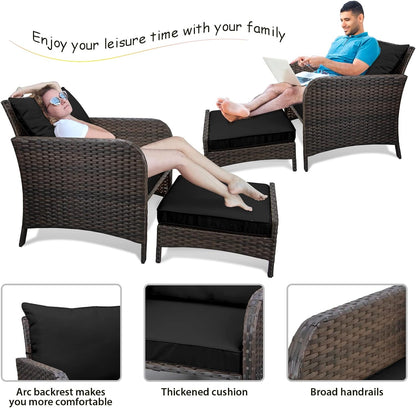 LAFWELL 5 Piece Patio Conversation Set with Wicker Rattan Outdoor Lounge Chairs, Soft Cushions, Ottoman, Glass Table