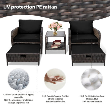 LAFWELL 5 Piece Patio Conversation Set with Wicker Rattan Outdoor Lounge Chairs, Soft Cushions, Ottoman, Glass Table