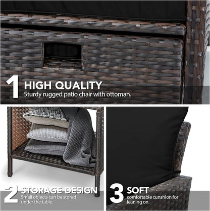 LAFWELL 5 Piece Patio Conversation Set with Wicker Rattan Outdoor Lounge Chairs, Soft Cushions, Ottoman, Glass Table